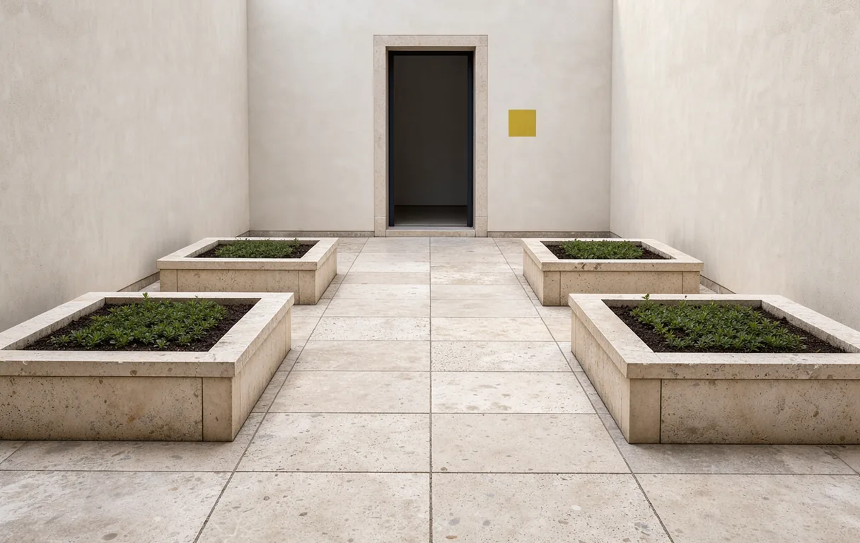 An empty stone courtyard with a broad path leading into soft morning light.