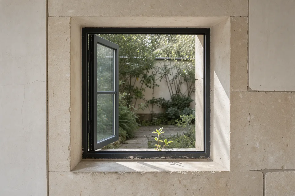 An open window casting a clear square of daylight across a pale stone wall.