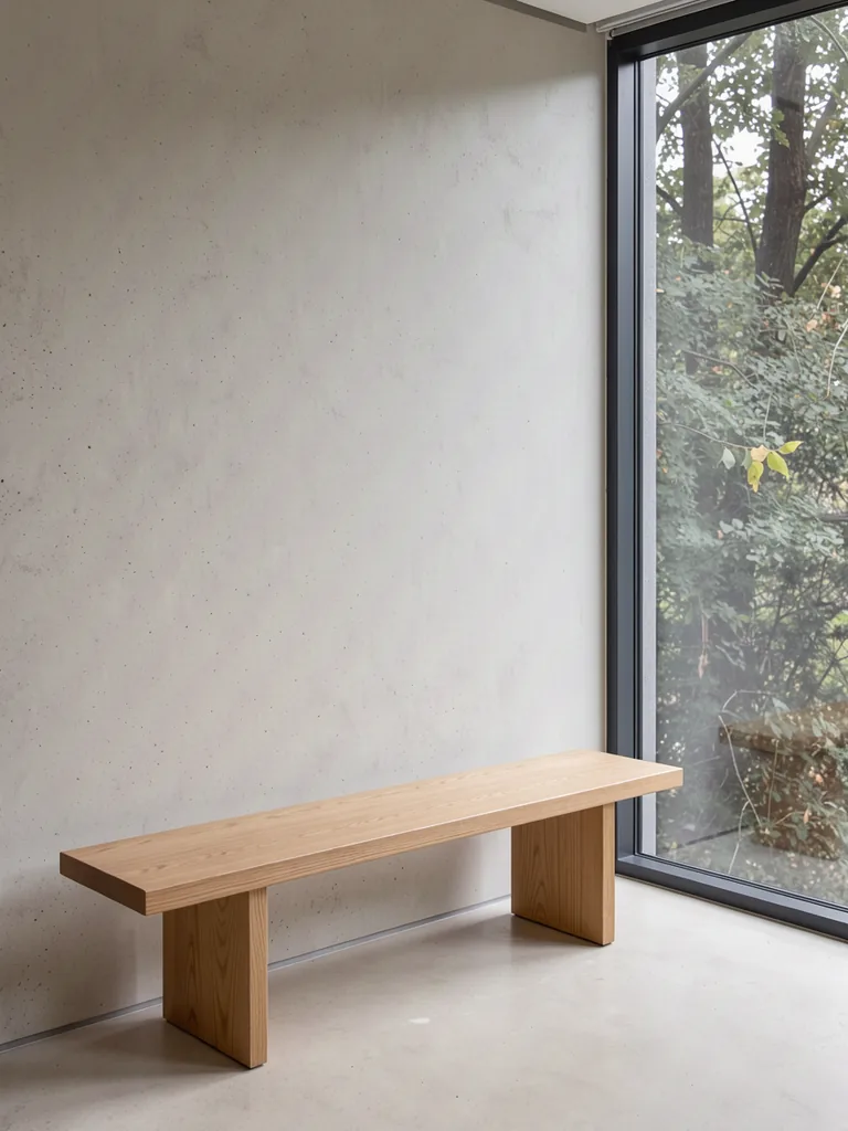 A plain empty bench beside a large window looking onto trees.